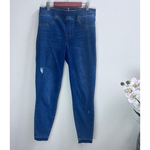 SPANX Distressed Denim Legging Skinny Jeans in Medium Wash Raw Hem - Size M - Picture 1 of 7